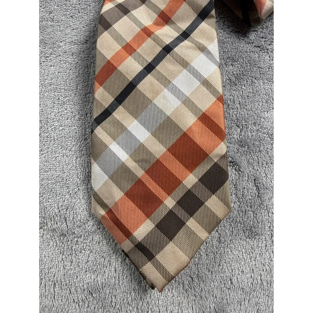 Uomo Venetto Mens Plaid Necktie Orange Tan Brown White Hand Made Classic Tie‎